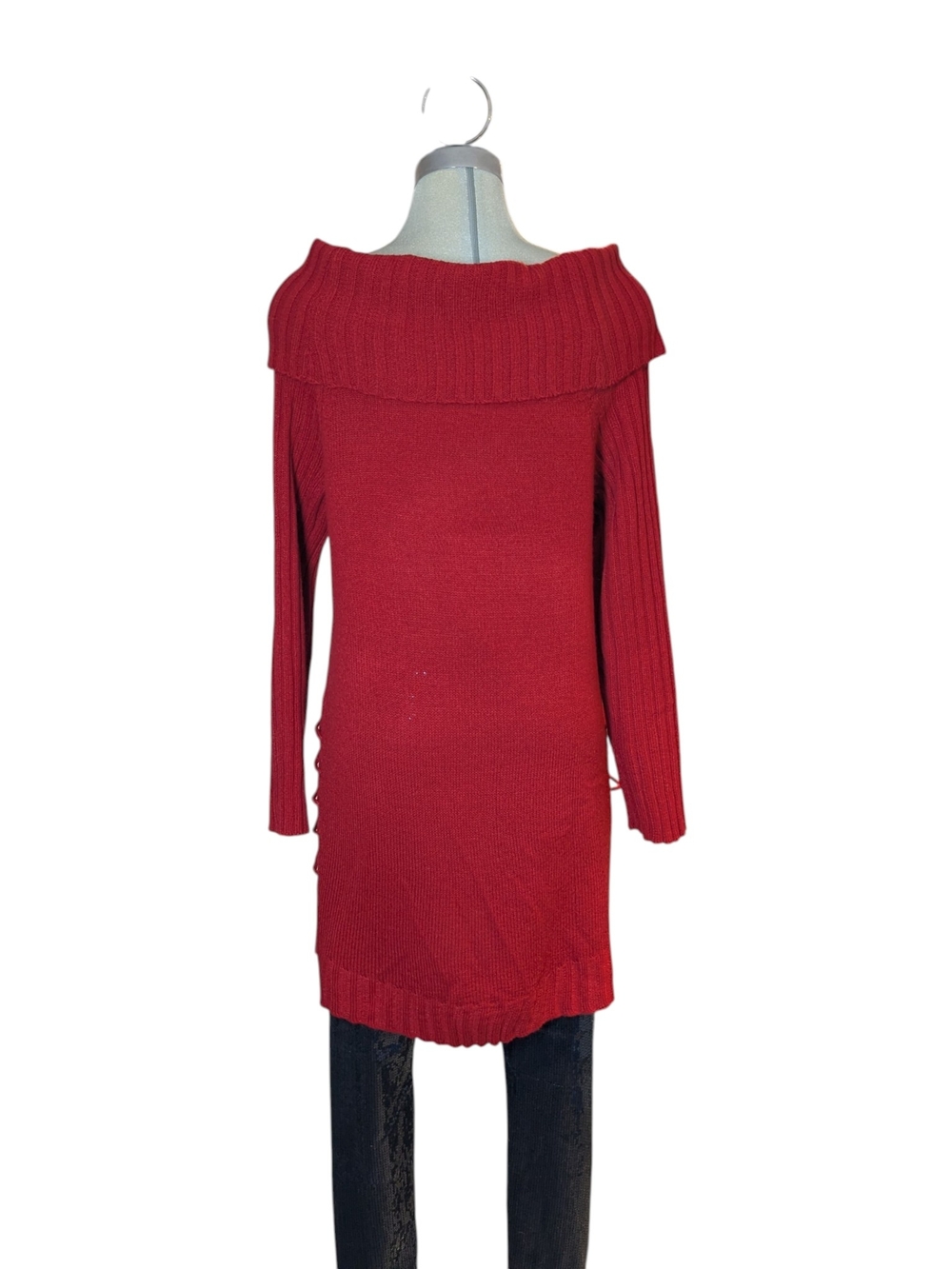 Off-Shoulder Lace-Up Knit Sweater in Red - Picture 2 of 15